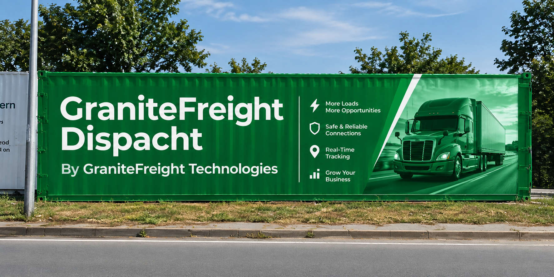 Green GraniteFreight Dispatch shipping container with the brand promise and service highlights