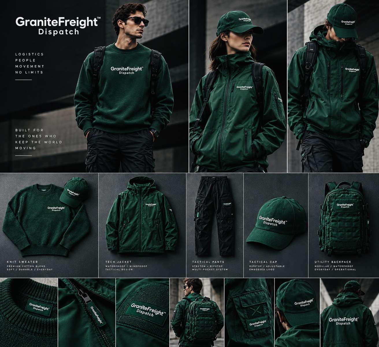 GraniteFreight Dispatch crew wearing the official green knit sweater, tech jacket, tactical pants, cap and utility backpack