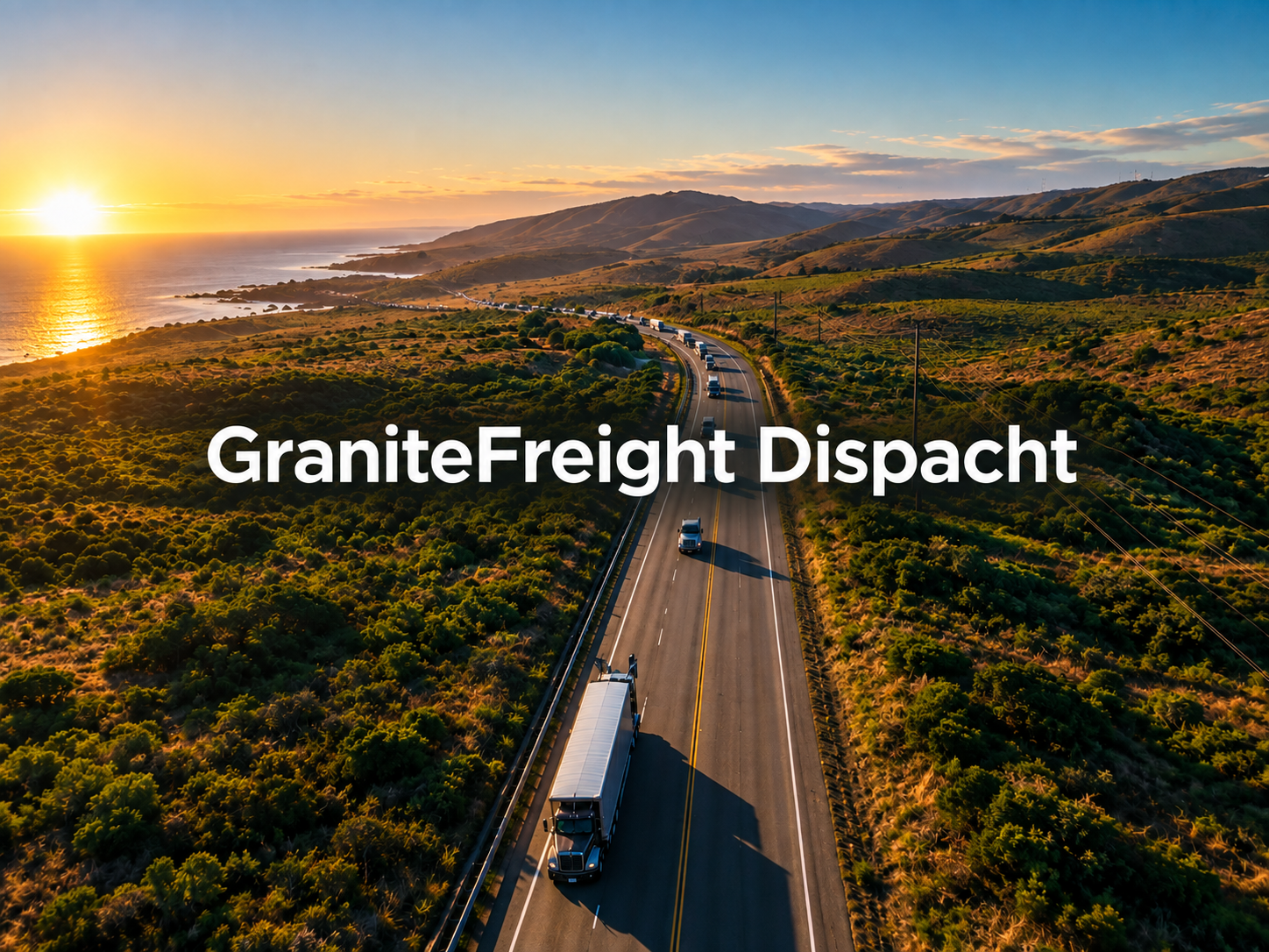 GraniteFreight Dispatch trucks traveling along a coastal highway at sunset