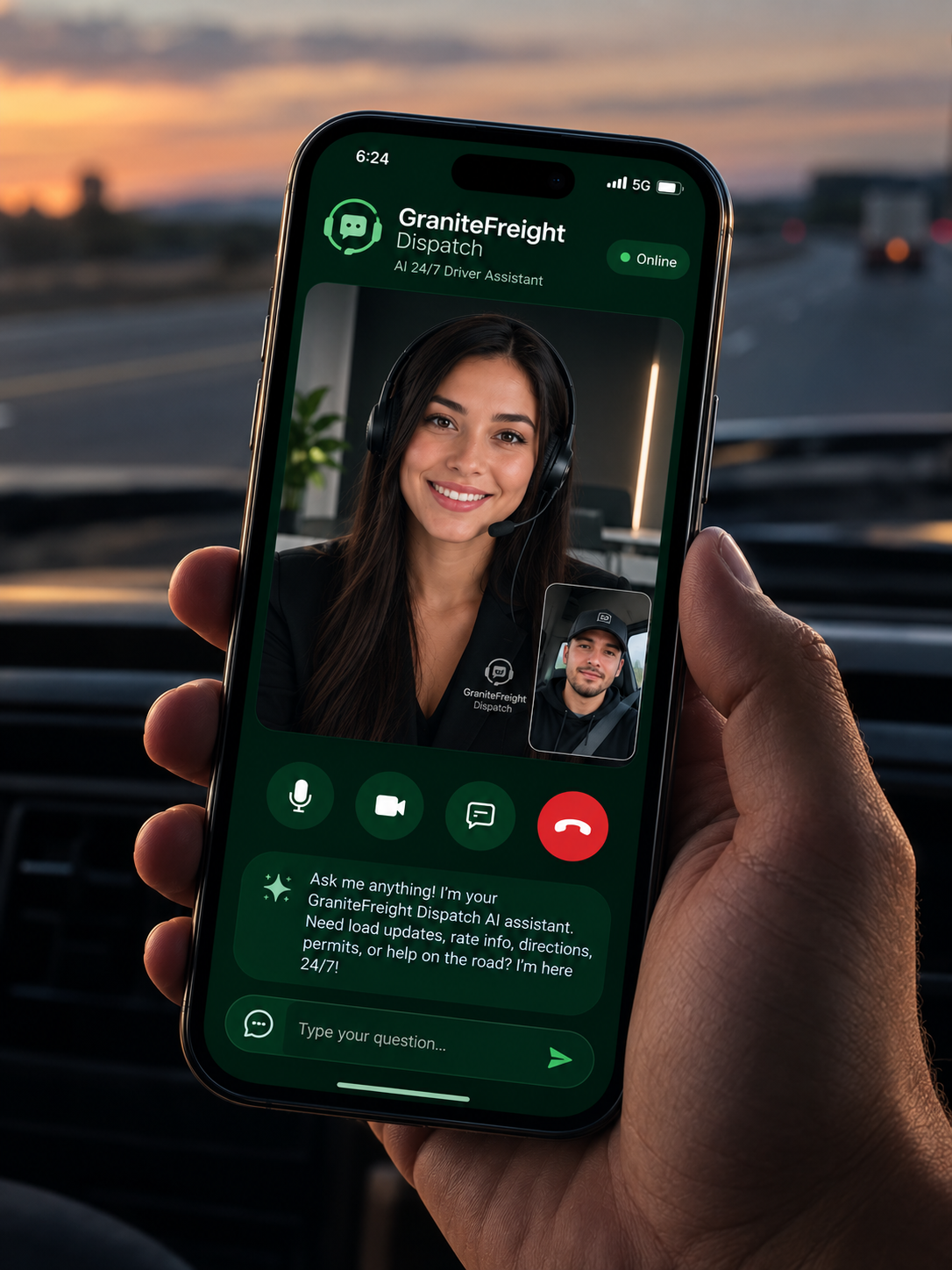 GraniteFreight Dispatch AI agent on an iPhone helping a driver with video call, voice and chat